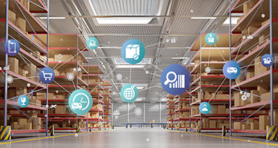 interior of a modern warehouse featuring storage racks with boxes and digital icons representing logistics and inventory management including 8 key elements for efficiency